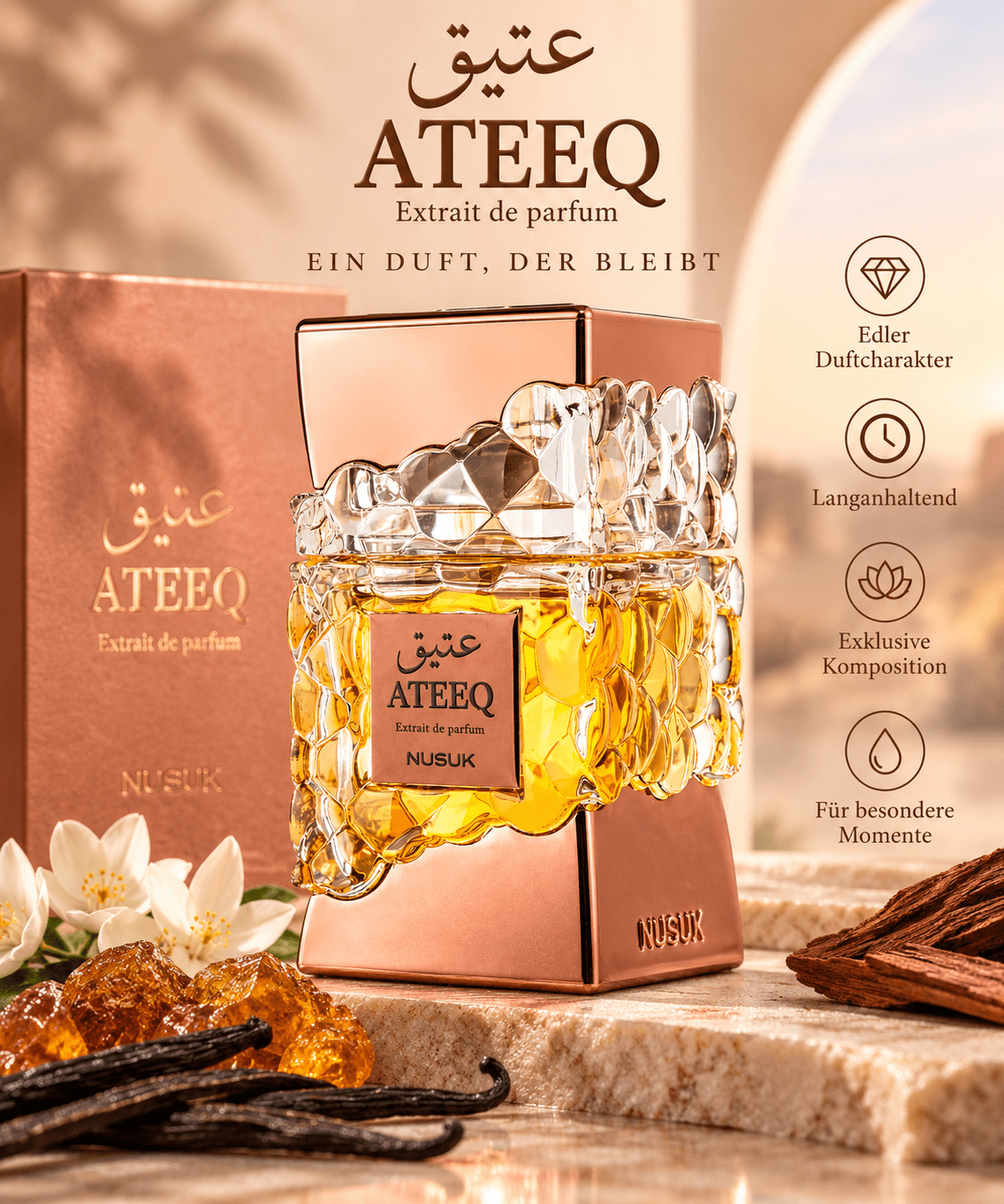 NUSUK Ateeq Extrait de Parfum 100 ml – Unisex Eau de Parfum – Orientalisch, Warm & Elegant – Arabisches Dubai Parfum - Lesen ist Licht